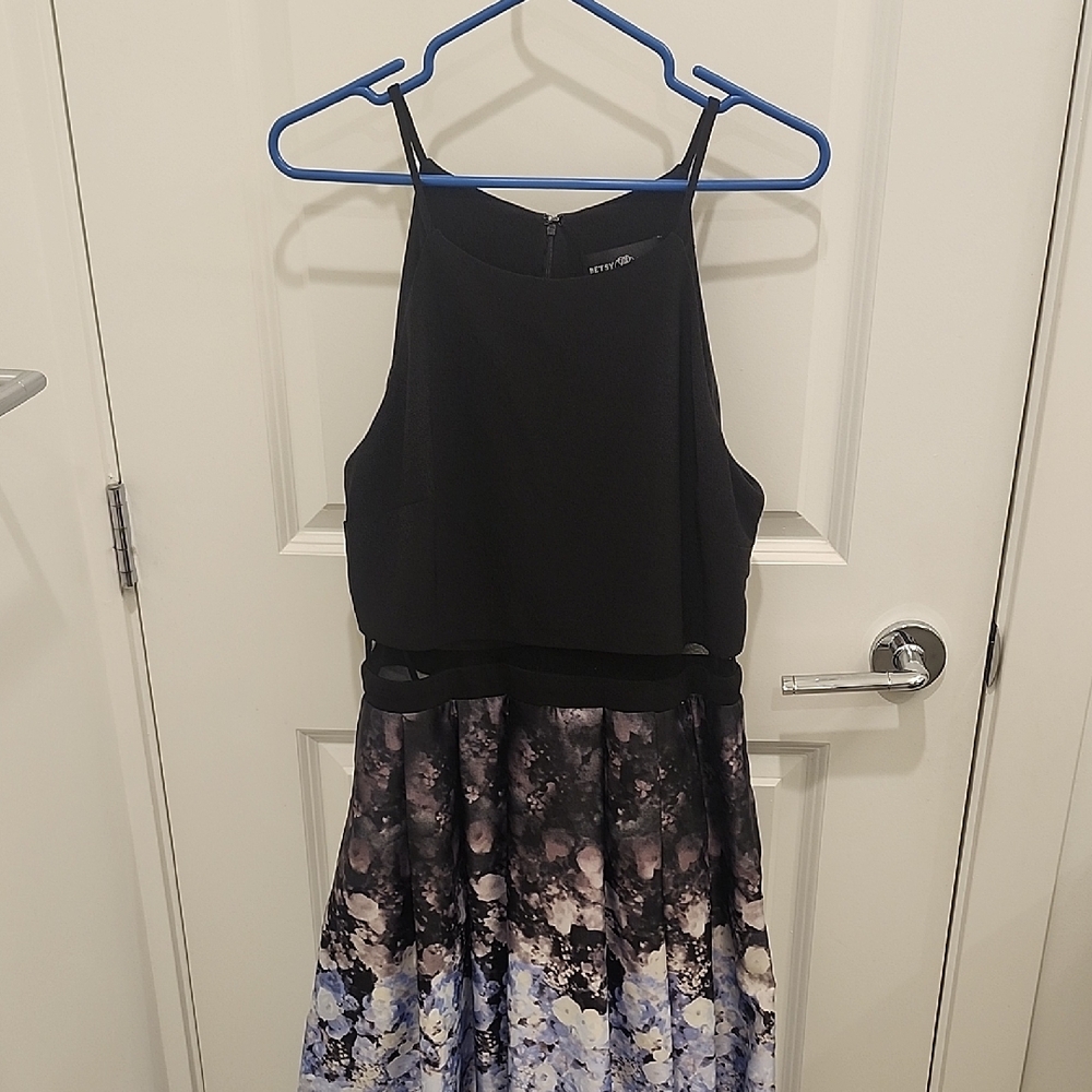 Betsy Adam Prom Grad Dress Floral Purple White Black Double Lined Mesh Size 14